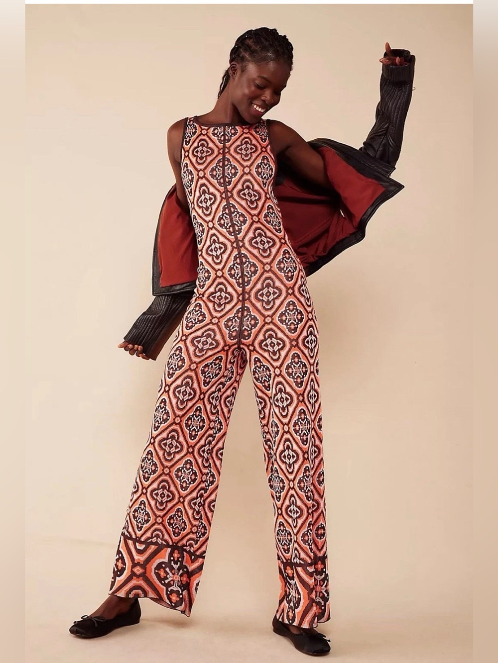 Free People Ready or Not Coral and Black Patterned Sleeveless Maxi Jumpsuit